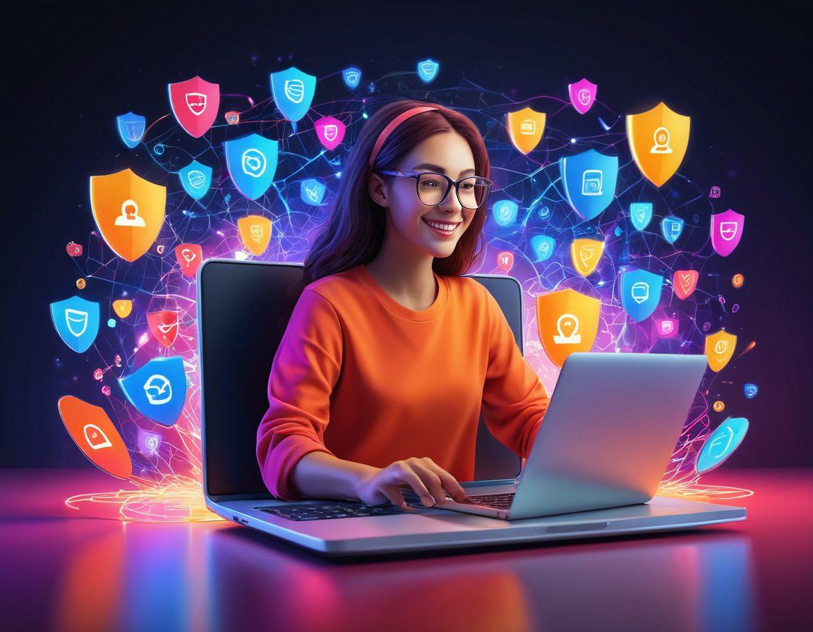 A vibrant illustration of a person happily surfing the internet on a laptop, surrounded by colorful shields and locks symbolizing cybersecurity. Include bright digital pathways and floating icons of security tools like firewalls and antivirus software. The background features abstract tech patterns to represent connectivity and safety. Create a cheerful, welcoming atmosphere that emphasizes a joyful online experience. super-realistic. vibrant colors. 3D.