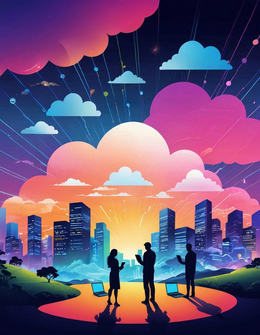 A visually engaging illustration of a serene digital landscape featuring a diverse group of users joyfully interacting with their devices in a vibrant virtual environment. Show interconnected servers and glowing data streams, symbolizing optimized virtual hosting services. Incorporate elements of clouds and technology to reflect user satisfaction and enhanced performance. A soothing color palette with gradients to evoke a sense of tranquility. super-realistic. bright colors. 3D.